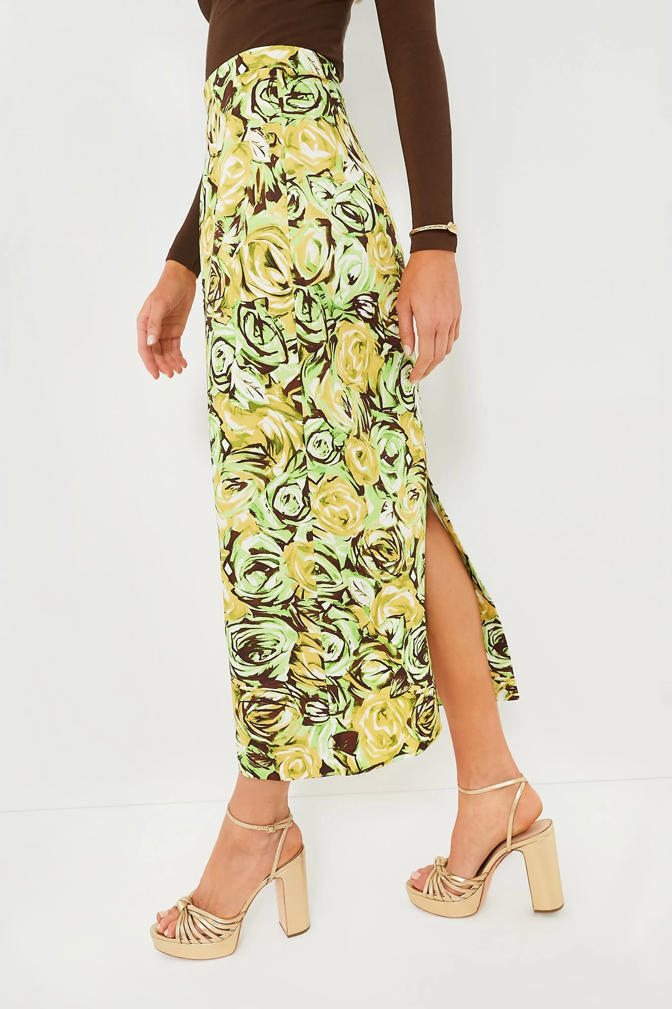 Green And Lemon Abstract Roses Lorelei Twill Skirt 5 Green And Lemon Abstract Roses Lorelei Twill Skirt - Image 3