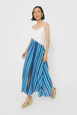 White & Blue Stripe Linen Maxi Dress