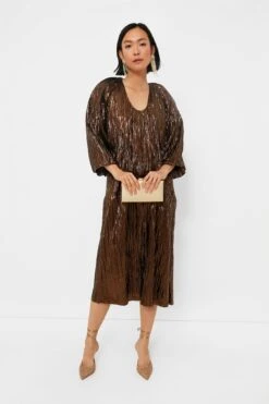 Bronze Metallic Plisse Dorinda Midi Dress