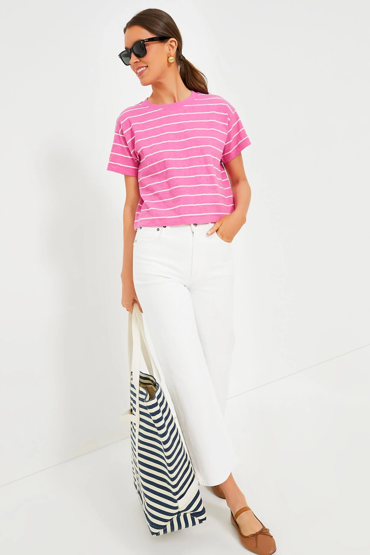 Marine Layer Pink And Skipper Blue Stripe Heavy Slub Boxy Crew Crop Tee 4 Marine Layer Pink And Skipper Blue Stripe Heavy Slub Boxy Crew Crop Tee - Image 2