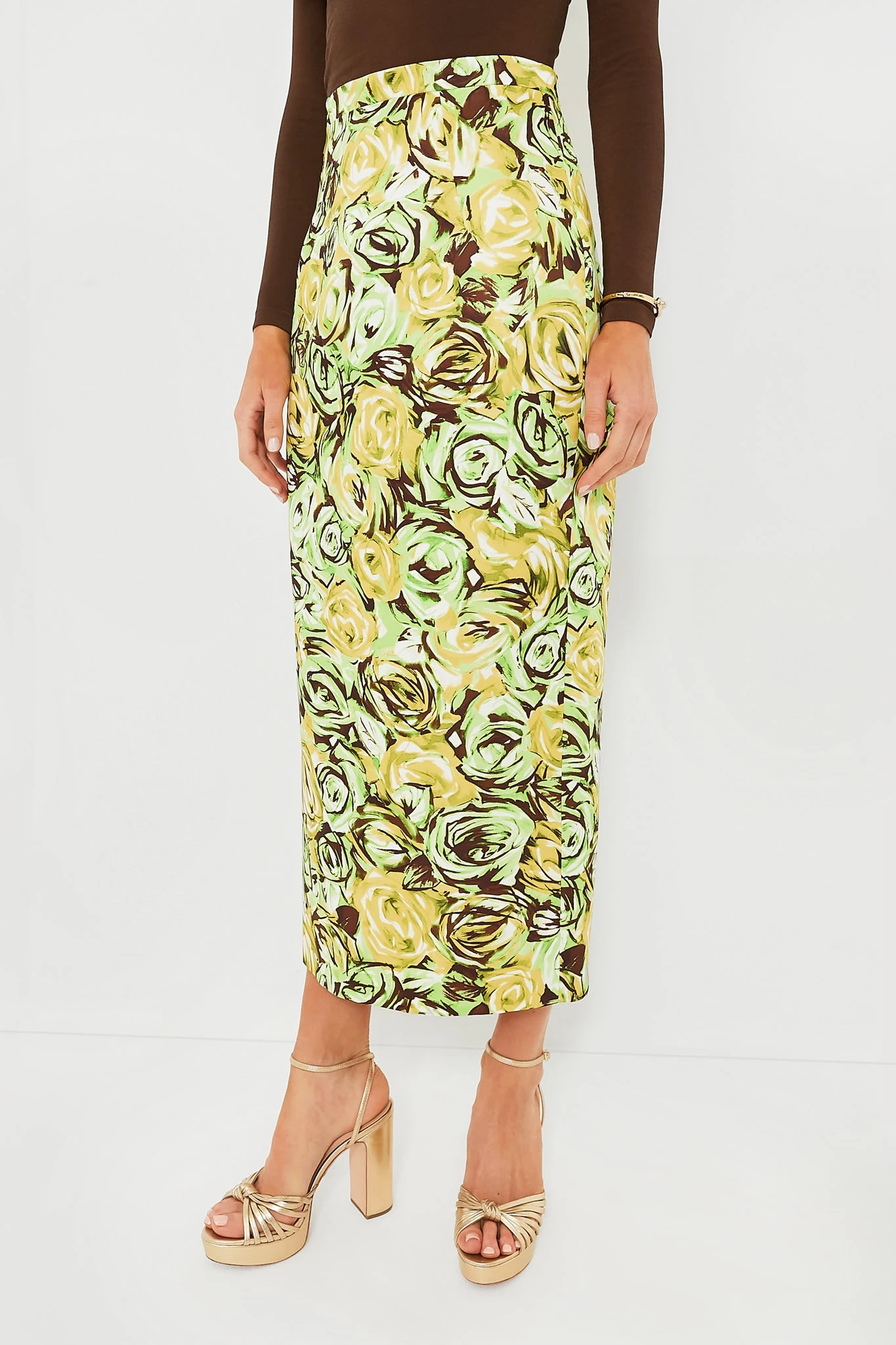 Green And Lemon Abstract Roses Lorelei Twill Skirt 3 Green And Lemon Abstract Roses Lorelei Twill Skirt