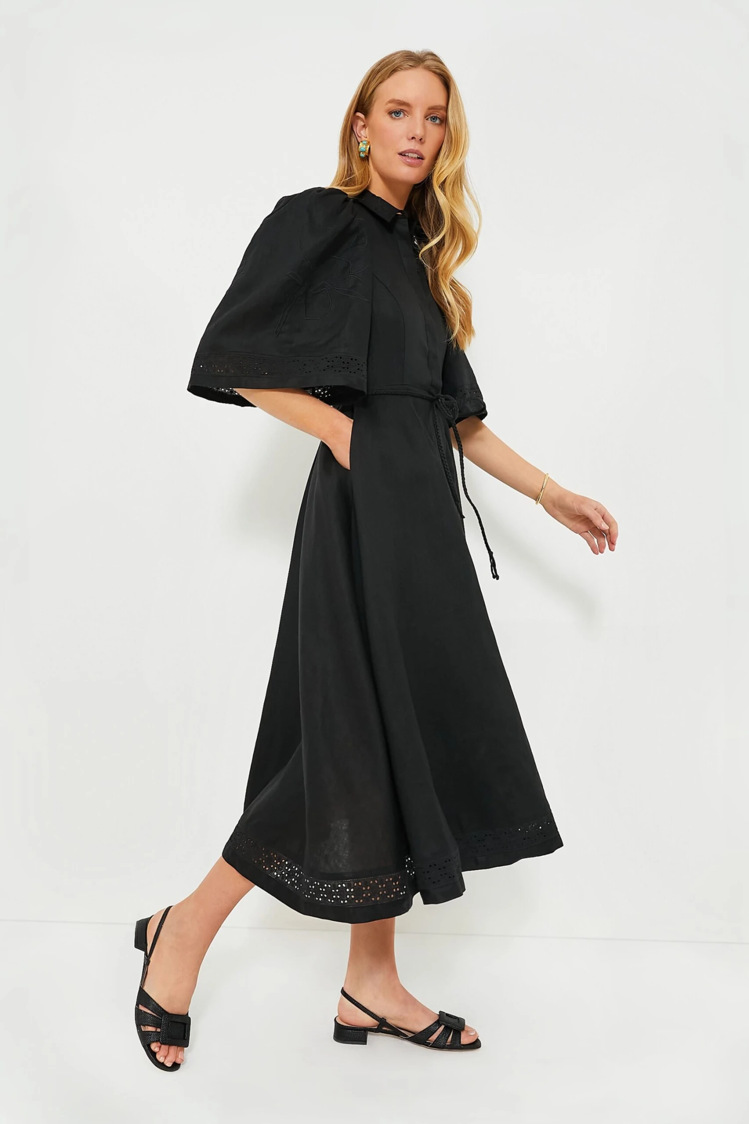 Black Fleur Linen Embroidered Midi Shirt Dress 5 Black Fleur Linen Embroidered Midi Shirt Dress - Image 3