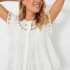 Cream Arabella Embroidery Flutter Sleeve Tank Top