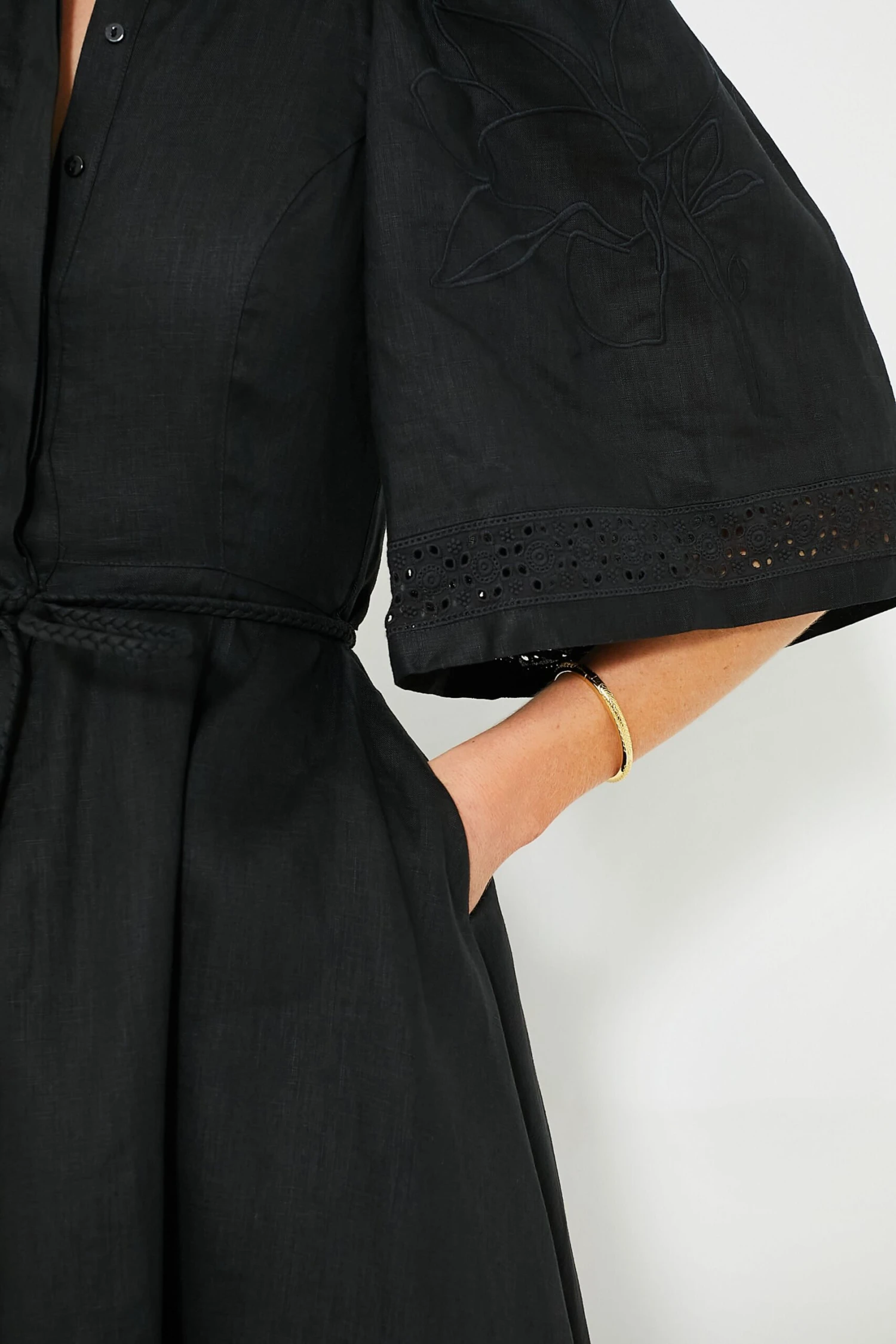 Black Fleur Linen Embroidered Midi Shirt Dress 7 Black Fleur Linen Embroidered Midi Shirt Dress - Image 5