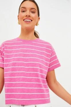 Marine Layer Pink And Skipper Blue Stripe Heavy Slub Boxy Crew Crop Tee
