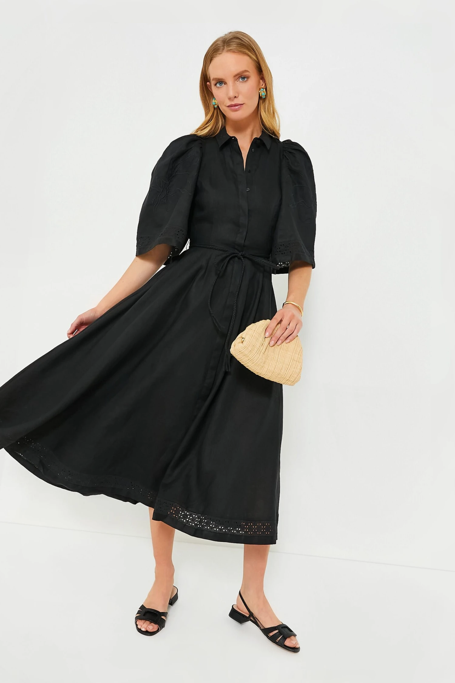 Black Fleur Linen Embroidered Midi Shirt Dress 4 Black Fleur Linen Embroidered Midi Shirt Dress - Image 2