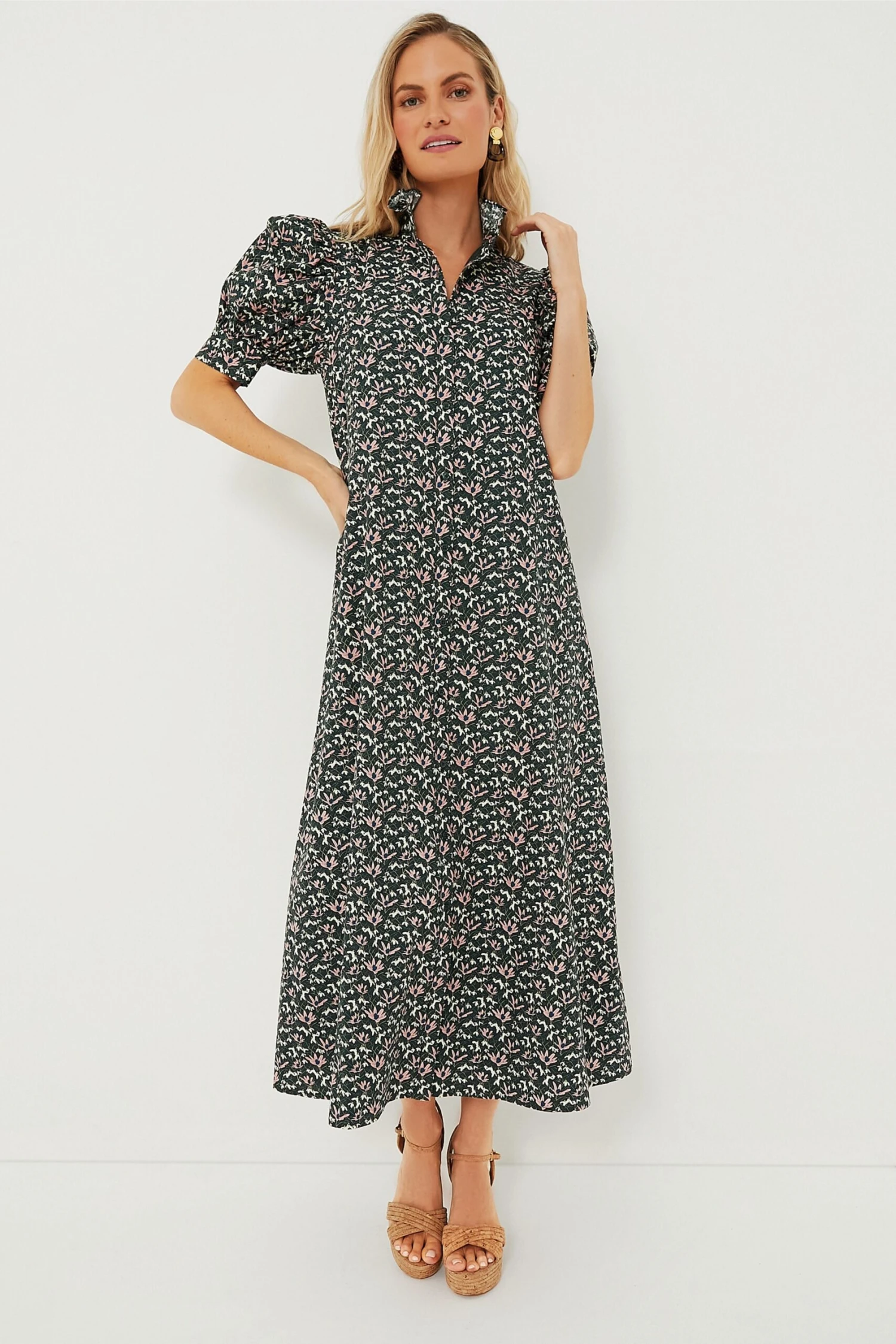 Green Floral Ruffle Collar Louisa Midi Dress 3 Green Floral Ruffle Collar Louisa Midi Dress