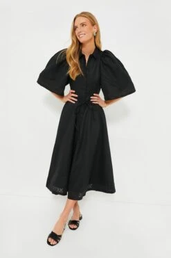 Black Fleur Linen Embroidered Midi Shirt Dress